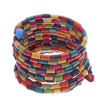 Multicolor Wood Cylinder Beaded Wrap Bracelet with Bells (2 - Confetti Spin