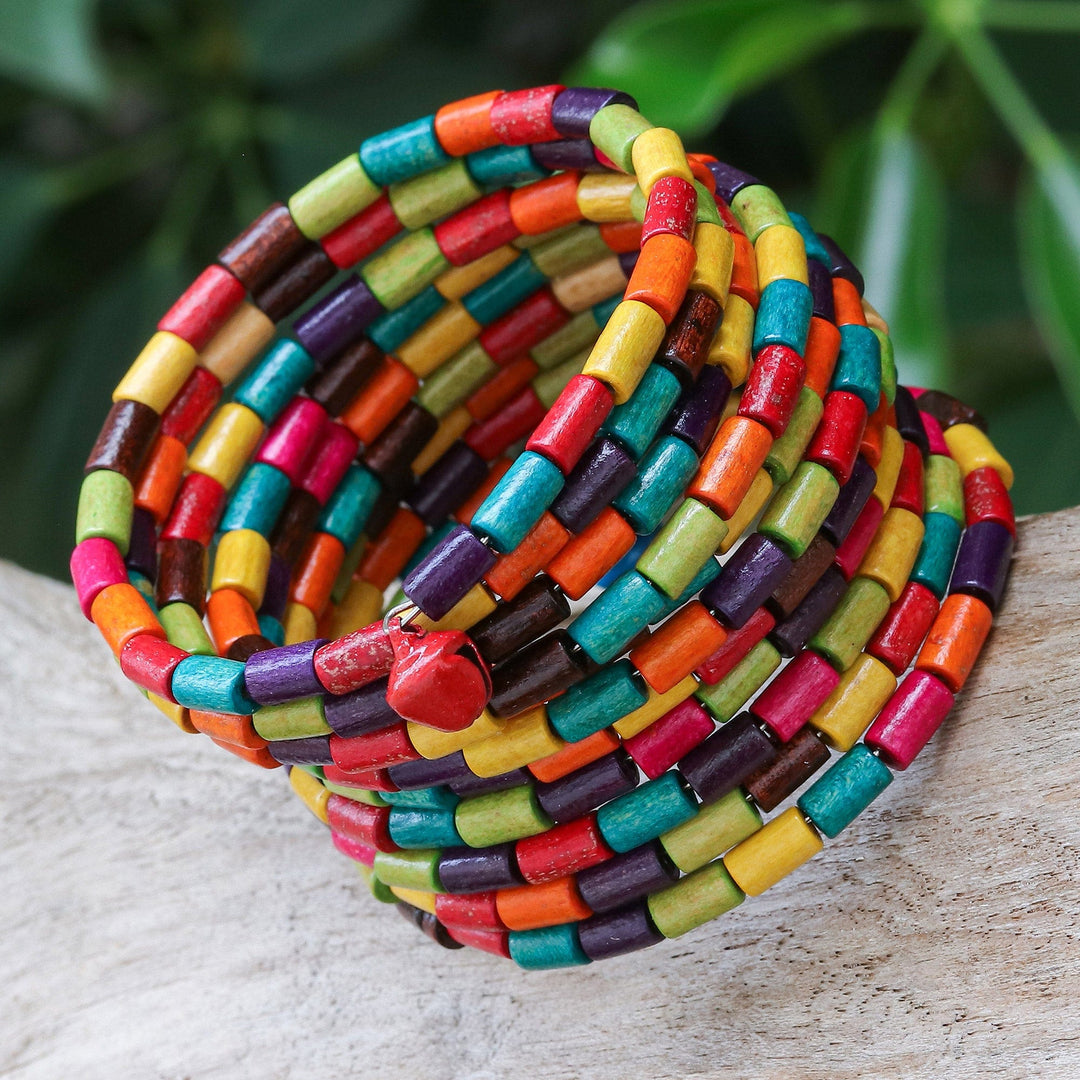 Multicolor Wood Cylinder Beaded Wrap Bracelet with Bells (2 - Confetti Spin
