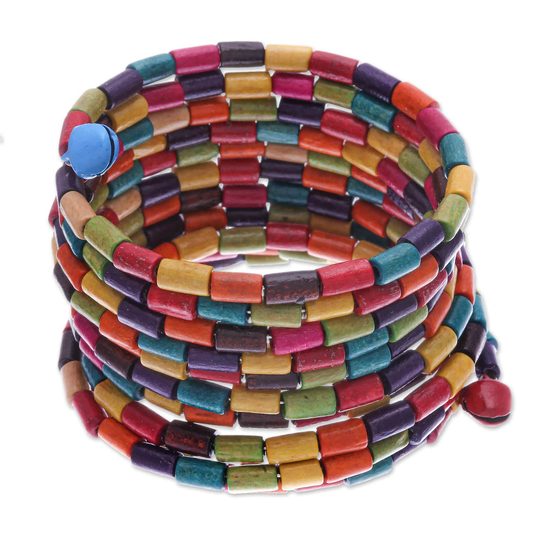 Multicolor Wood Cylinder Beaded Wrap Bracelet with Bells (2 - Confetti Spin