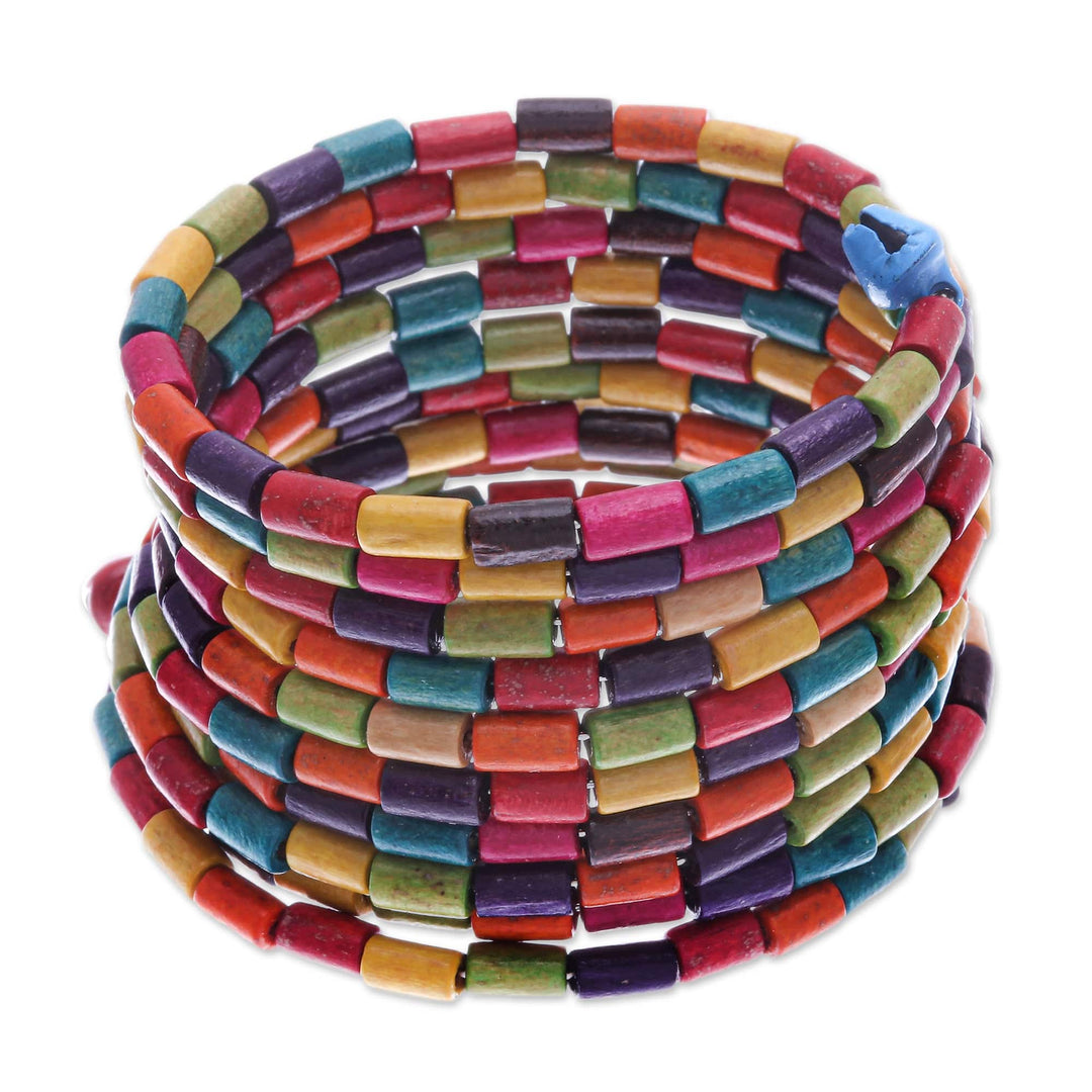 Multicolor Wood Cylinder Beaded Wrap Bracelet with Bells (2 - Confetti Spin