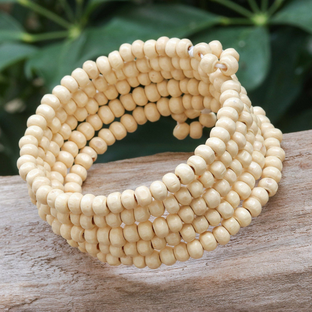 Off White Beaded Wood Wrap Bracelet with Bells (1 In) - Ivory Spin