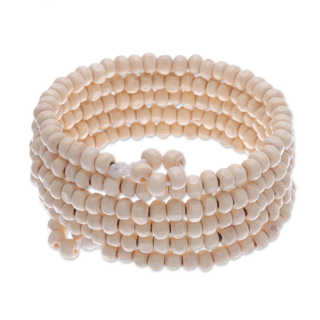 Off White Beaded Wood Wrap Bracelet with Bells (1 In) - Ivory Spin