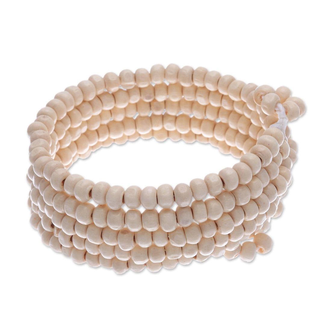 Off White Beaded Wood Wrap Bracelet with Bells (1 In) - Ivory Spin