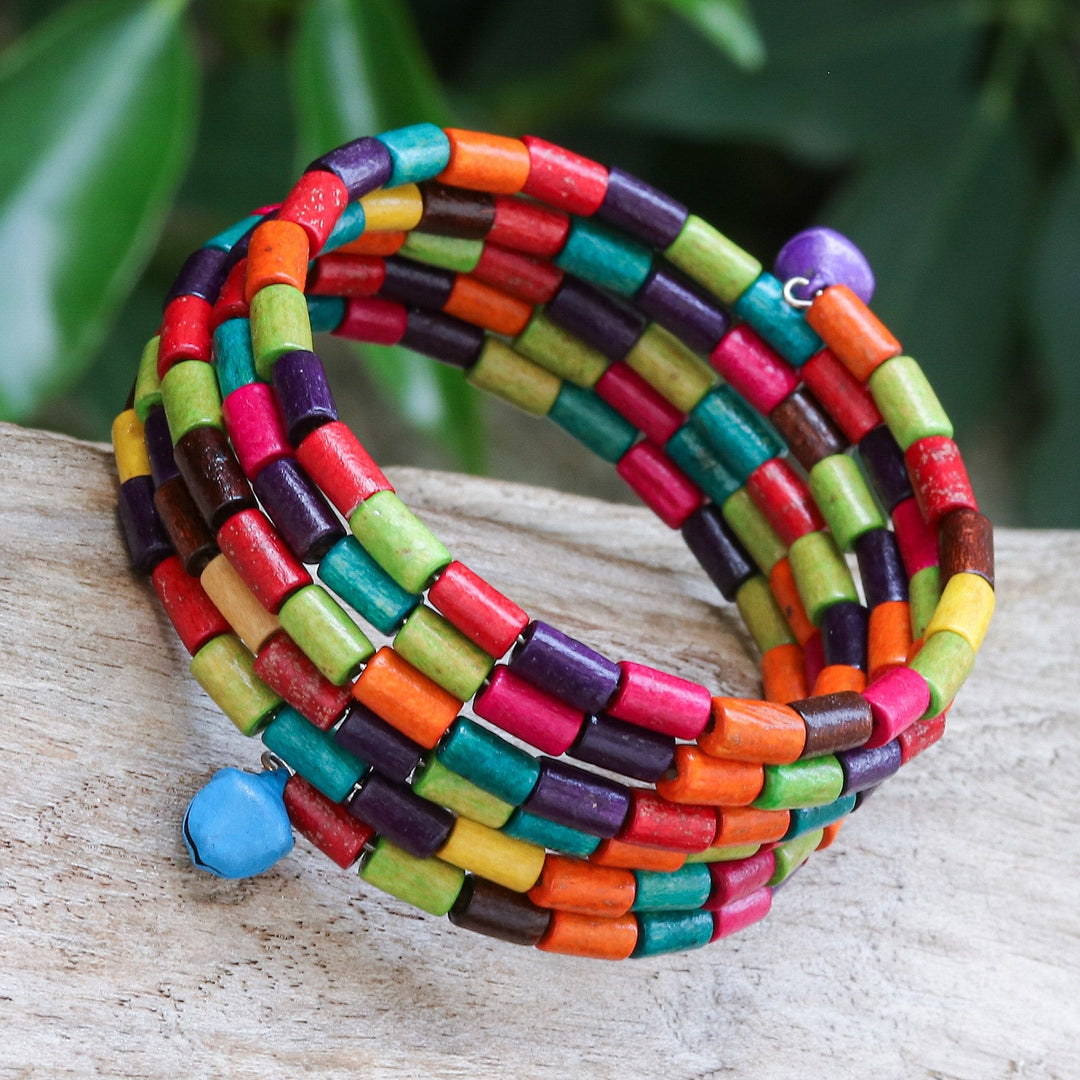 Multicolor Wood Cylinder Beaded Bracelet with Bells (1 In) - Confetti Spin