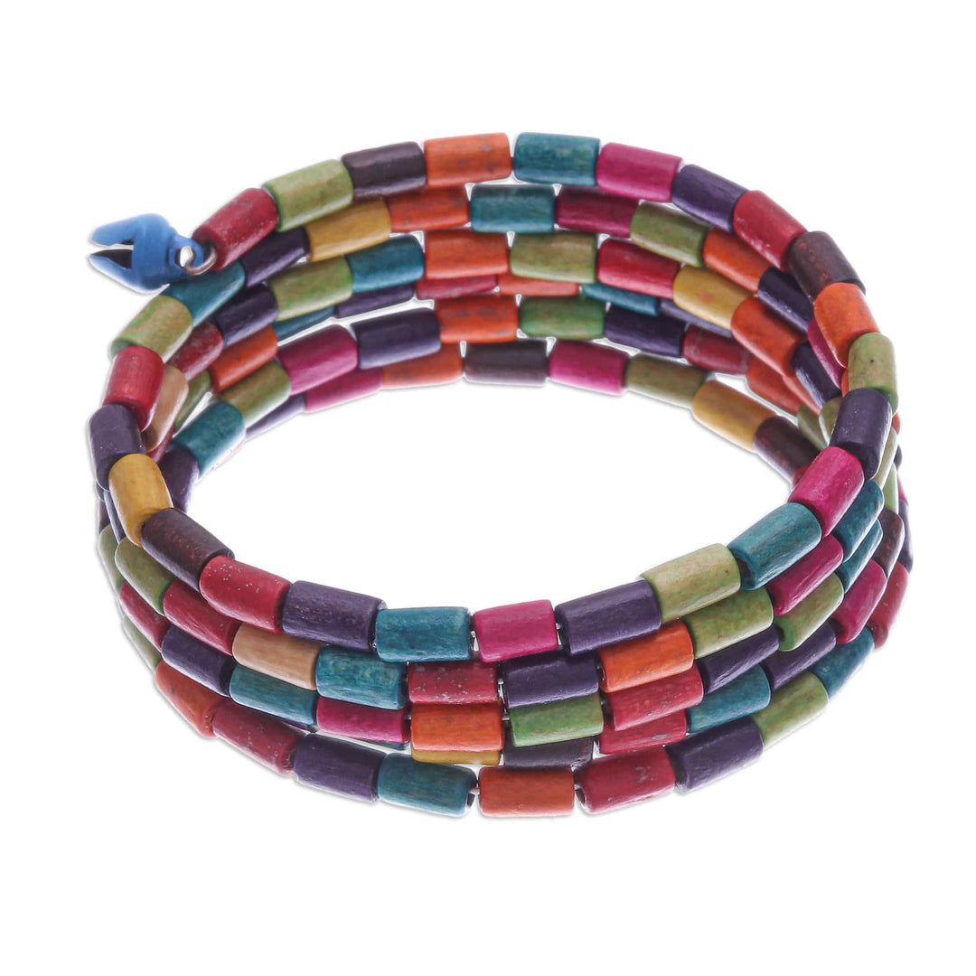Multicolor Wood Cylinder Beaded Bracelet with Bells (1 In) - Confetti Spin