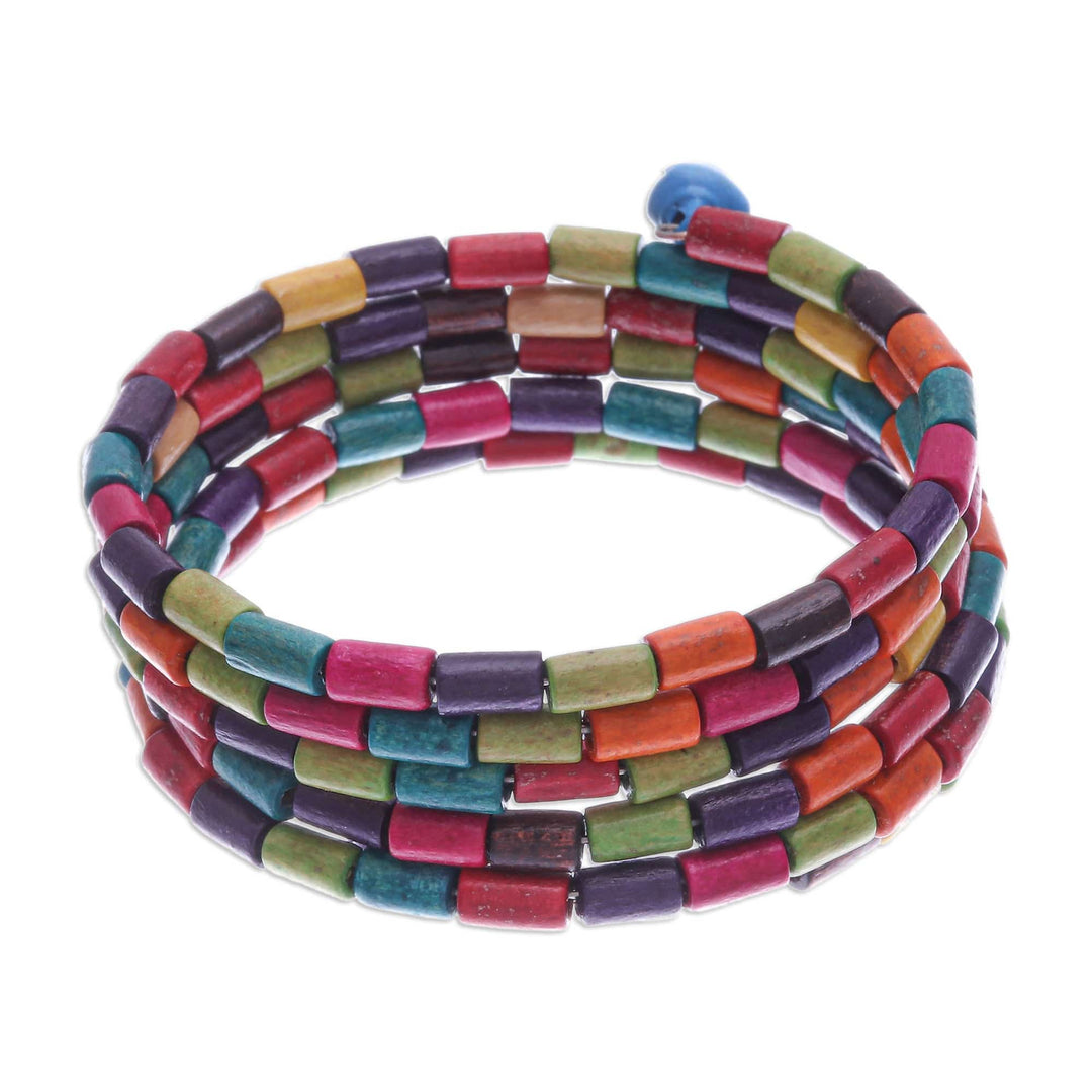 Multicolor Wood Cylinder Beaded Bracelet with Bells (1 In) - Confetti Spin