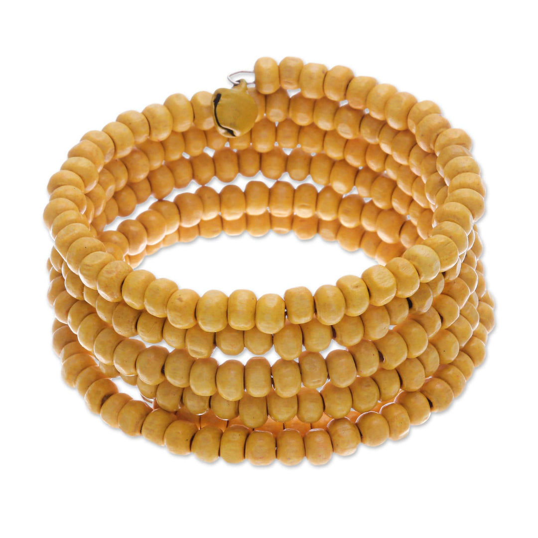Yellow Beaded Wood Wrap Bracelet with Bells (1 In) - Sunshine Spin
