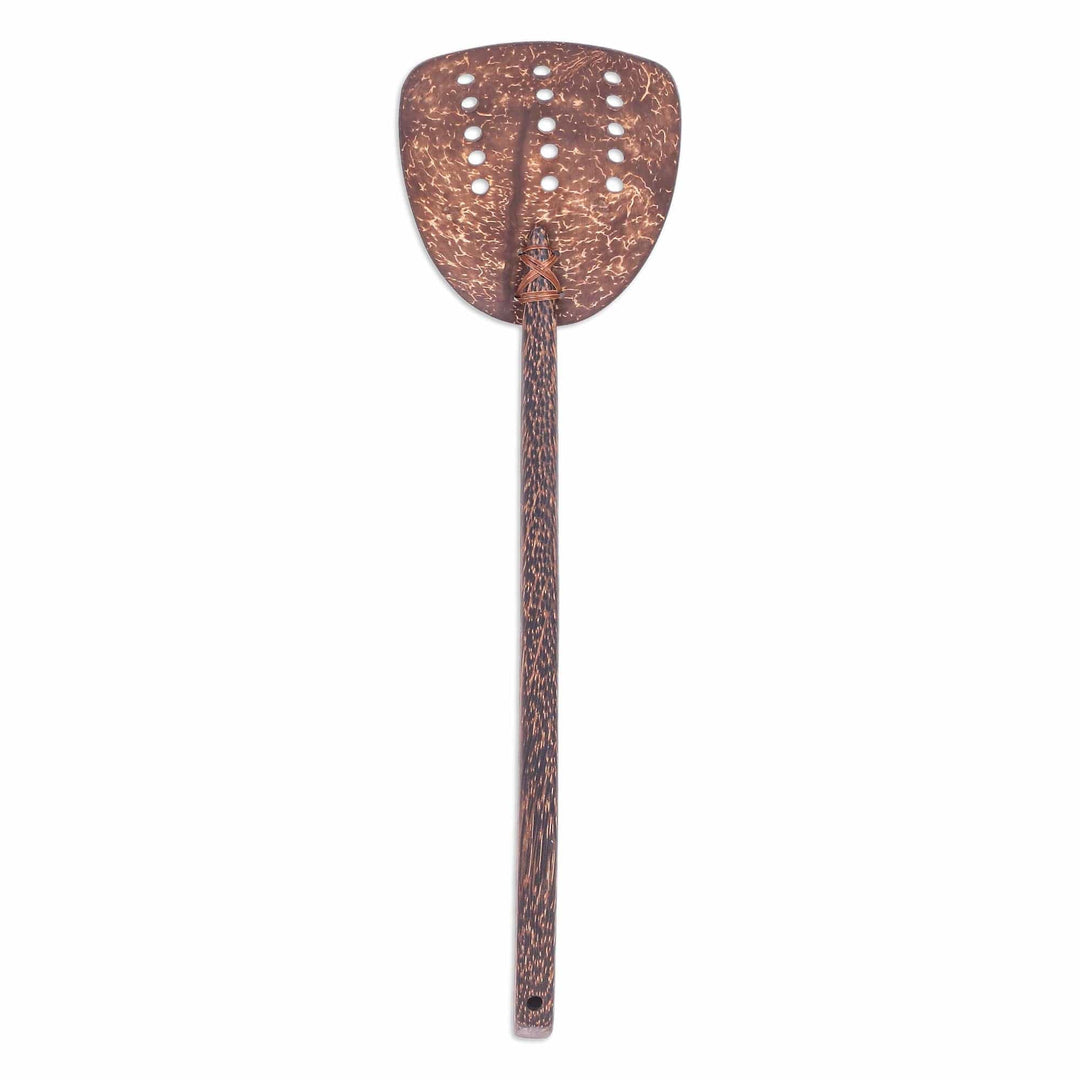 Handcrafted Coconut Shell and Wood Slotted Spatula with Dots - Cooking Dots