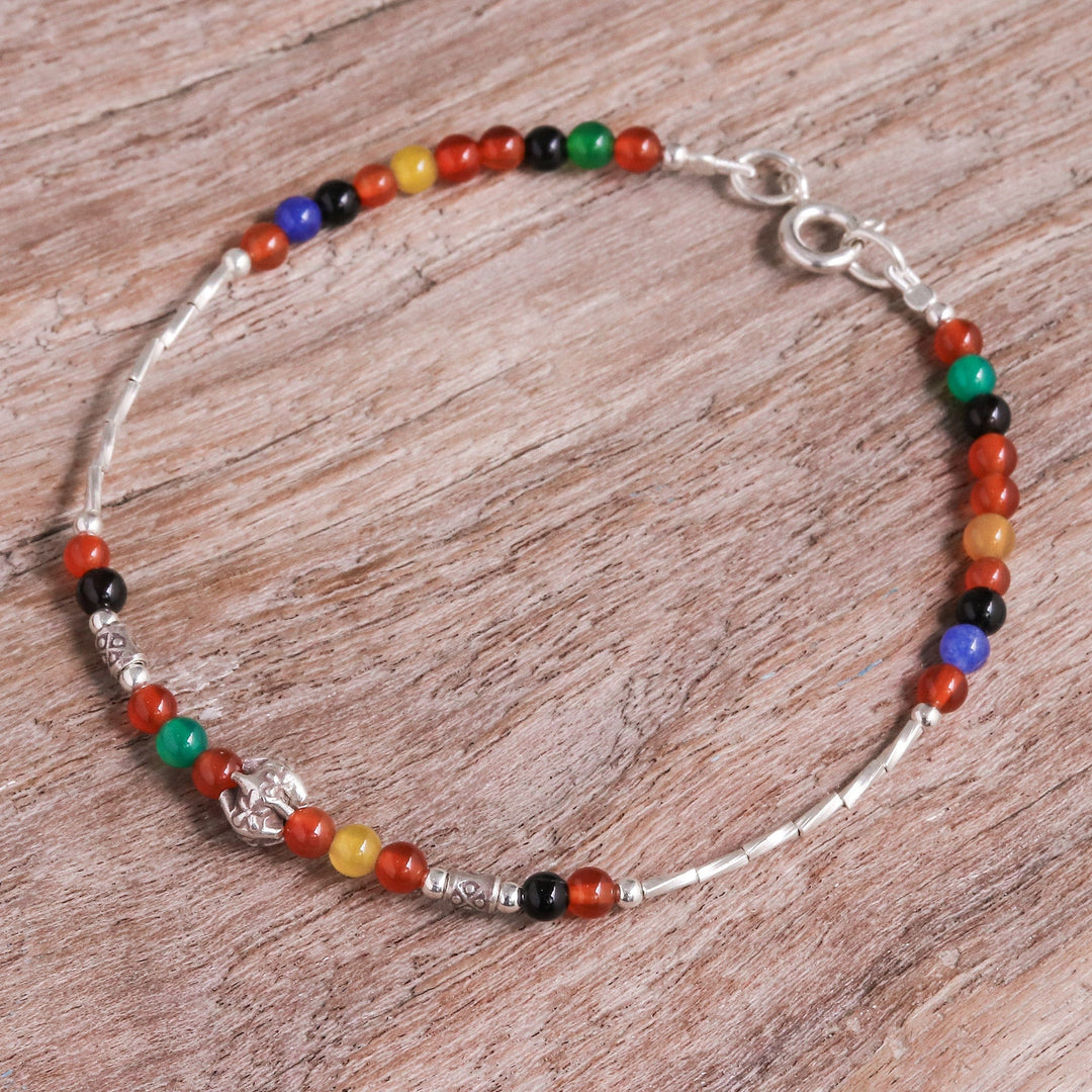 Multicolored Chalcedony and Silver Beaded Charm Bracelet - Round Rainbow