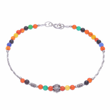 Multicolored Chalcedony and Silver Beaded Charm Bracelet - Round Rainbow