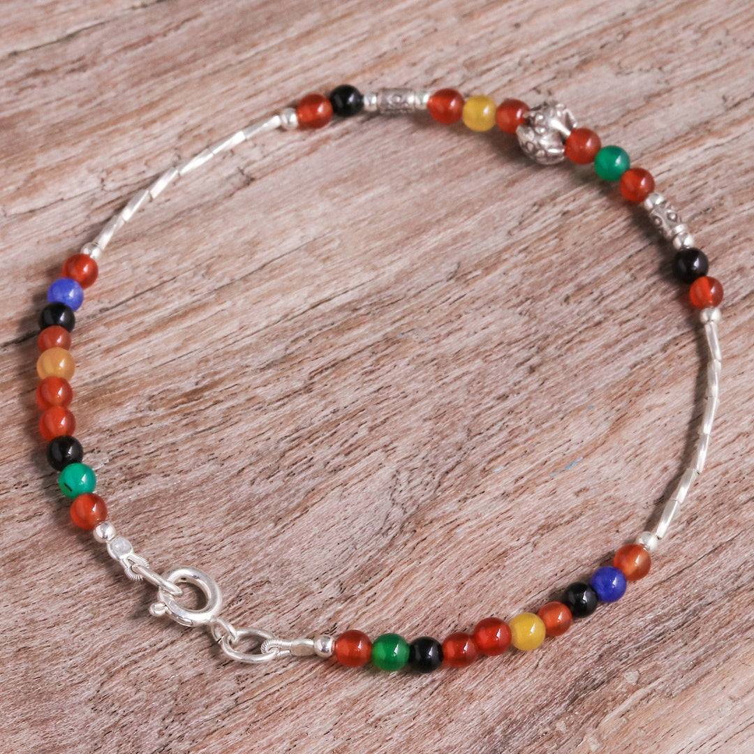 Multicolored Chalcedony and Silver Beaded Charm Bracelet - Round Rainbow
