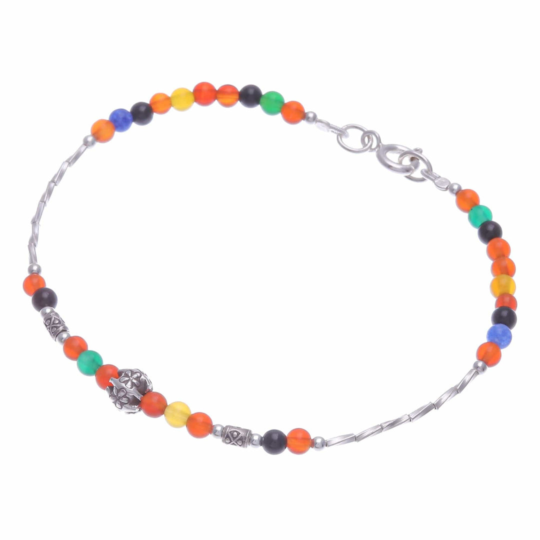 Multicolored Chalcedony and Silver Beaded Charm Bracelet - Round Rainbow