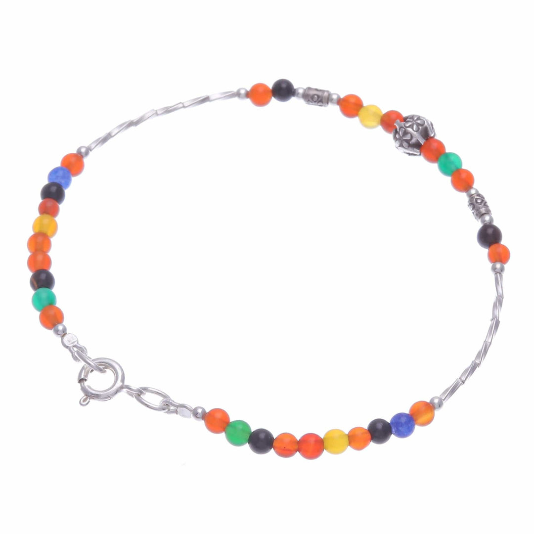 Multicolored Chalcedony and Silver Beaded Charm Bracelet - Round Rainbow