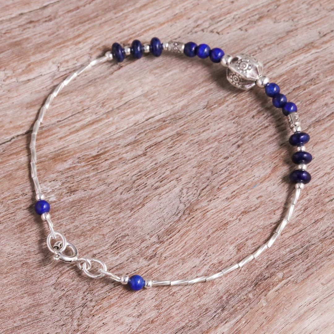 Lapis Lazuli and Silver Beaded Bracelet with Hexagon Pendant - Blue Hexagon