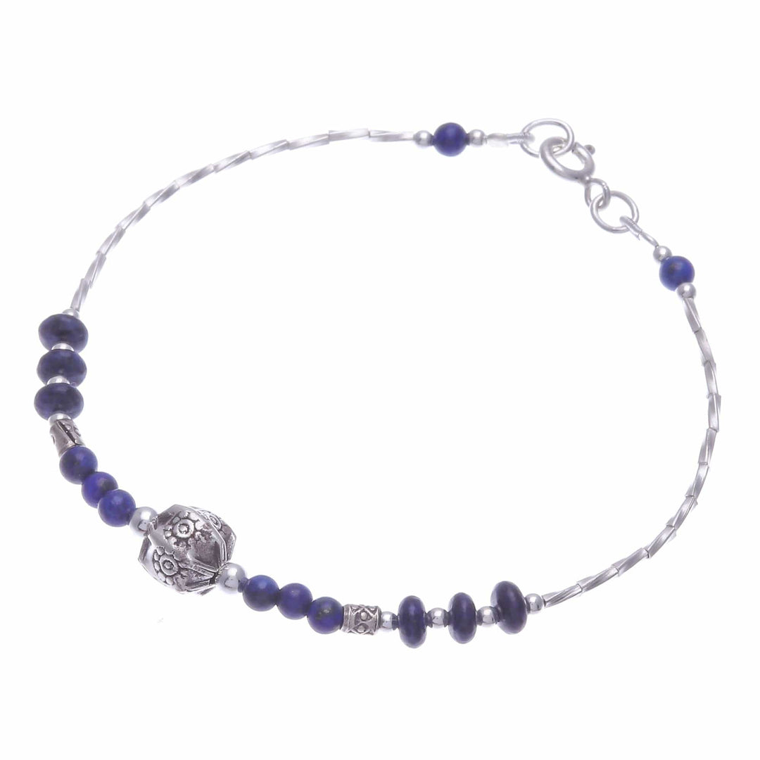 Lapis Lazuli and Silver Beaded Bracelet with Hexagon Pendant - Blue Hexagon