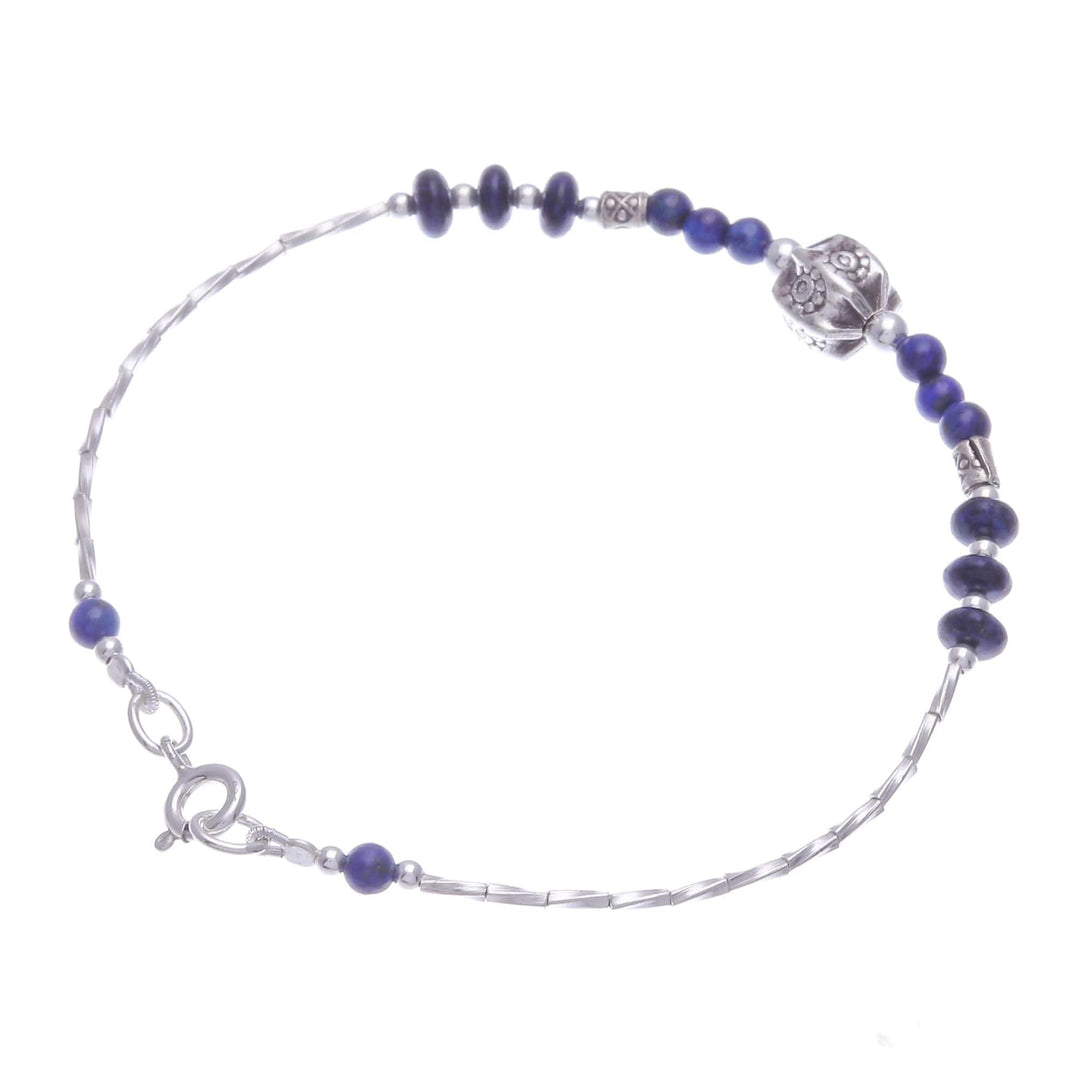 Lapis Lazuli and Silver Beaded Bracelet with Hexagon Pendant - Blue Hexagon