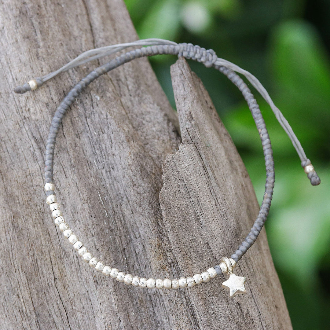 Grey Silver Beaded Bracelet with Star Charm - Grey Glowing Star