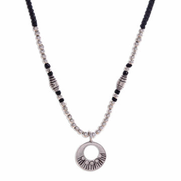 Black Braided Pendant Necklace with Silver Beads - Sparkling Tradition