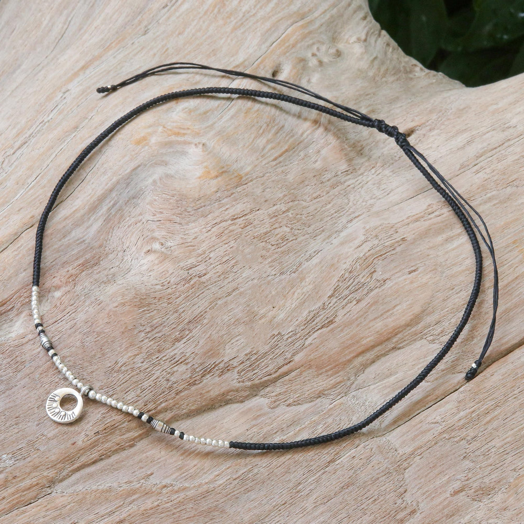 Black Braided Pendant Necklace with Silver Beads - Sparkling Tradition