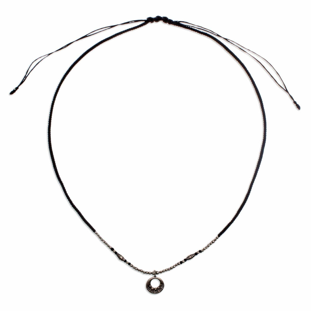 Black Braided Pendant Necklace with Silver Beads - Sparkling Tradition