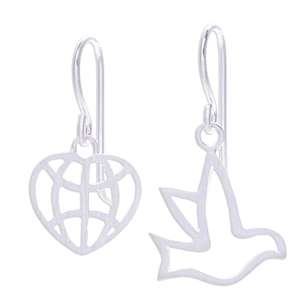 Sterling Silver Dangle Earrings with Bird and Heart Motifs - My Peaceful Heart