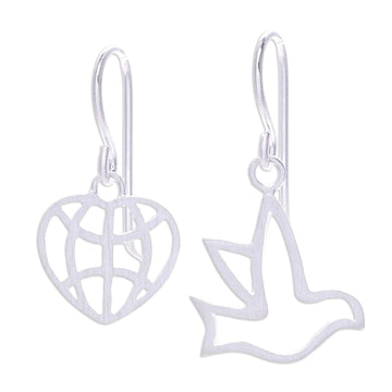 Sterling Silver Dangle Earrings with Bird and Heart Motifs - My Peaceful Heart