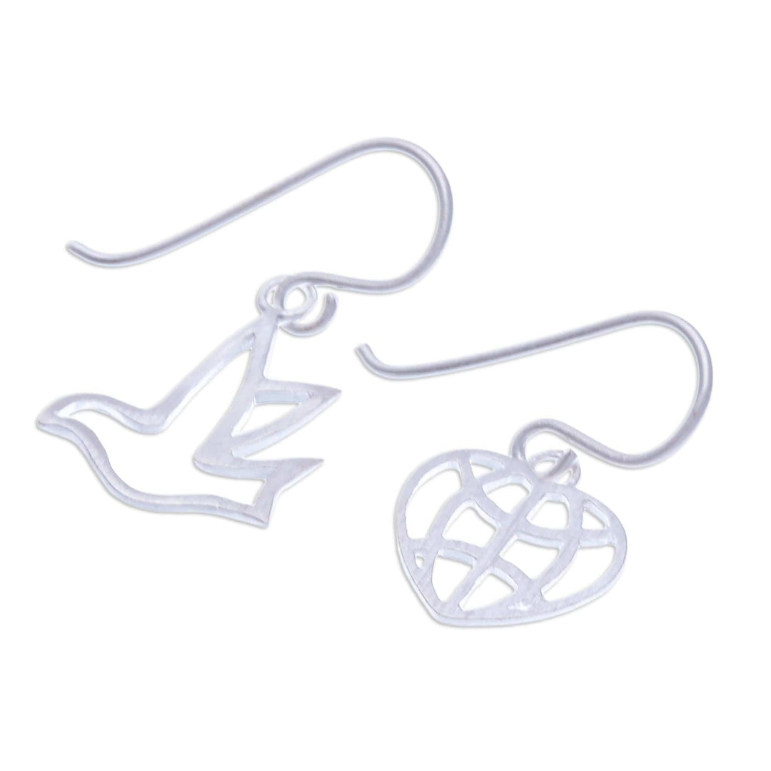 Sterling Silver Dangle Earrings with Bird and Heart Motifs - My Peaceful Heart