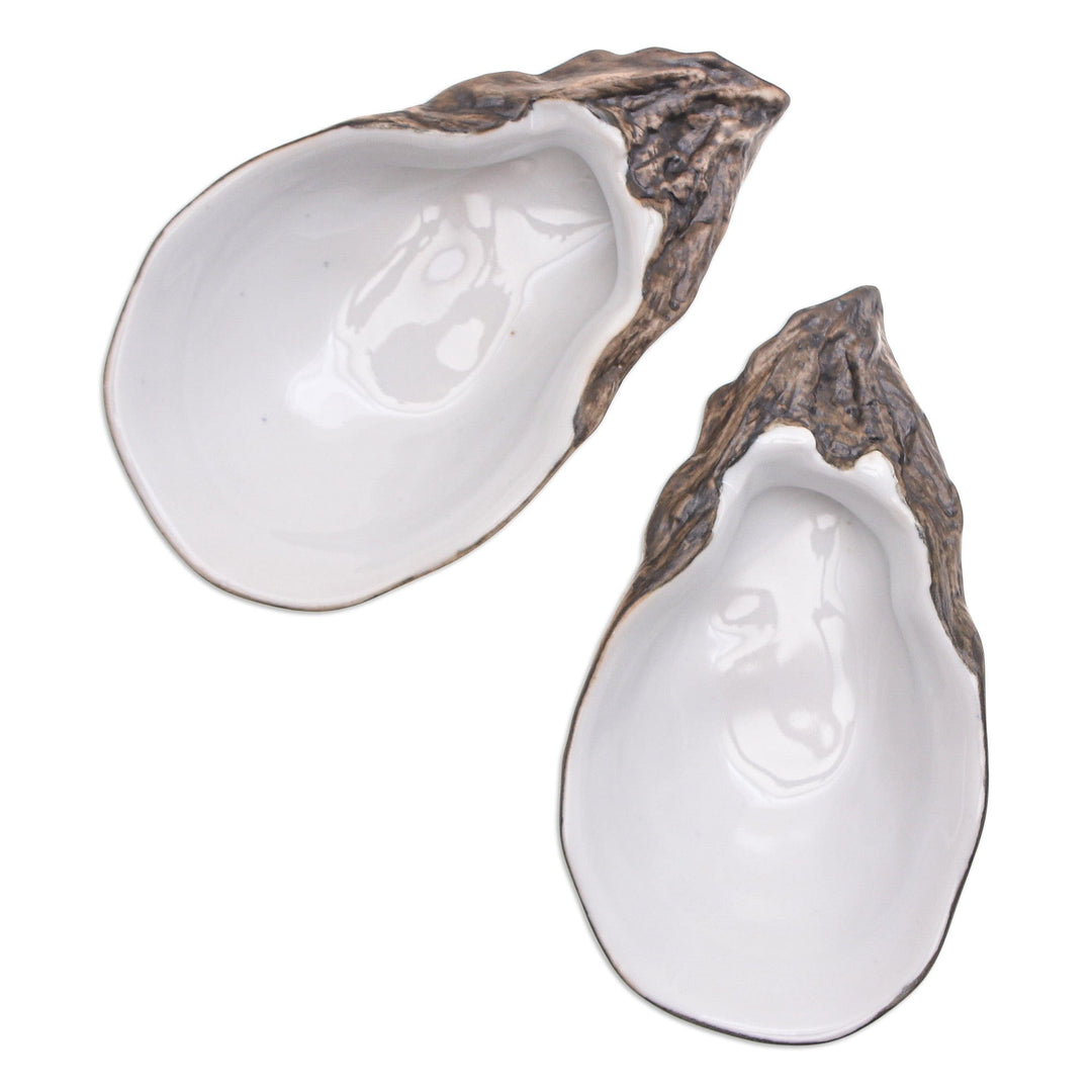 Handcrafted Ceramic Oyster Snack Plates from Thailand (Pair) - Ocean Manna