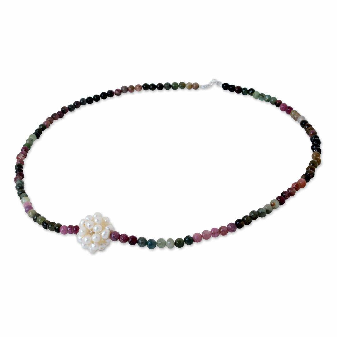 Beaded Tourmaline and Pearl Necklace - Ivory Chrysanthemum